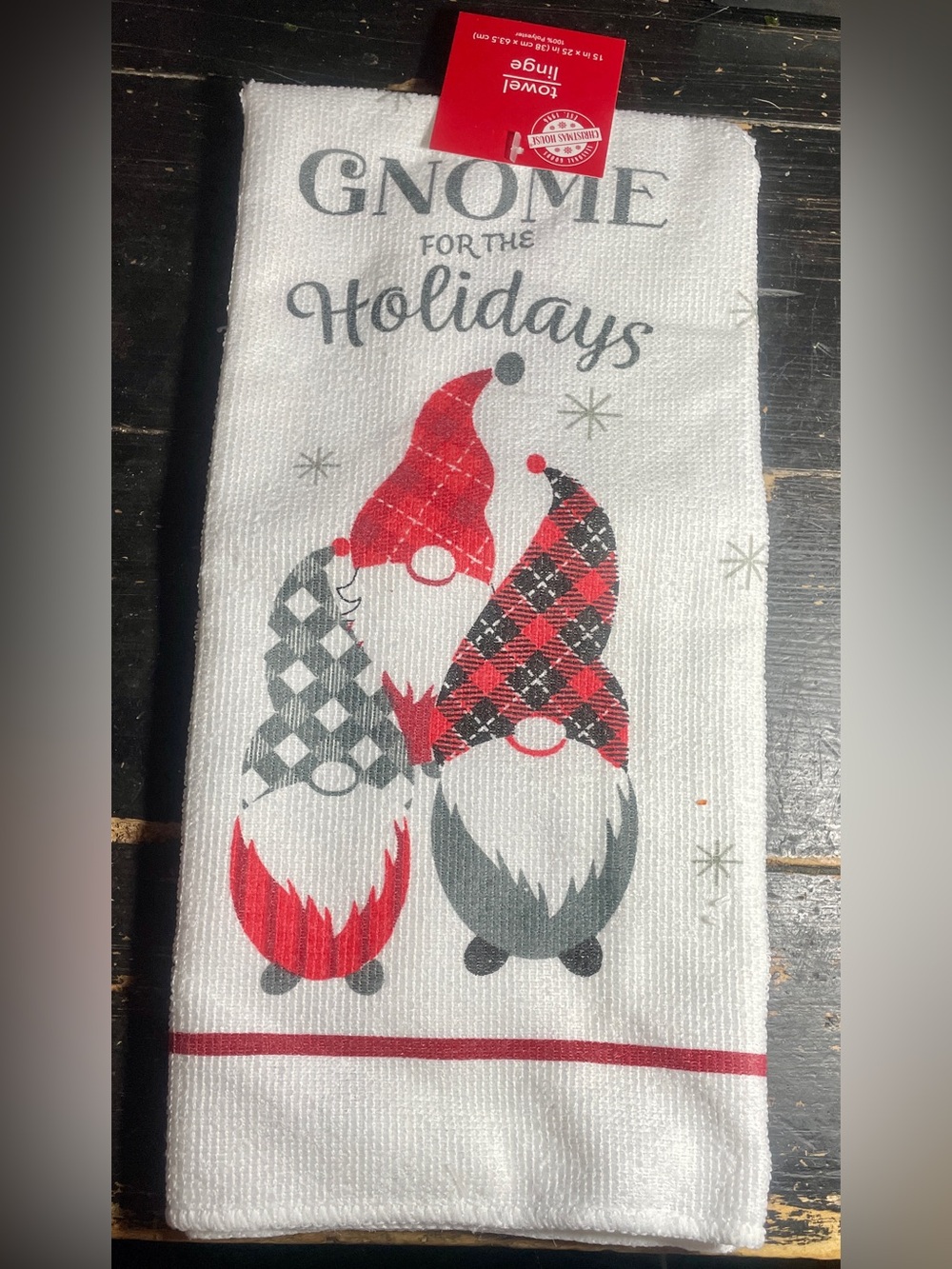 Holiday Gnome Kitchen Towel in White, Red & Gray